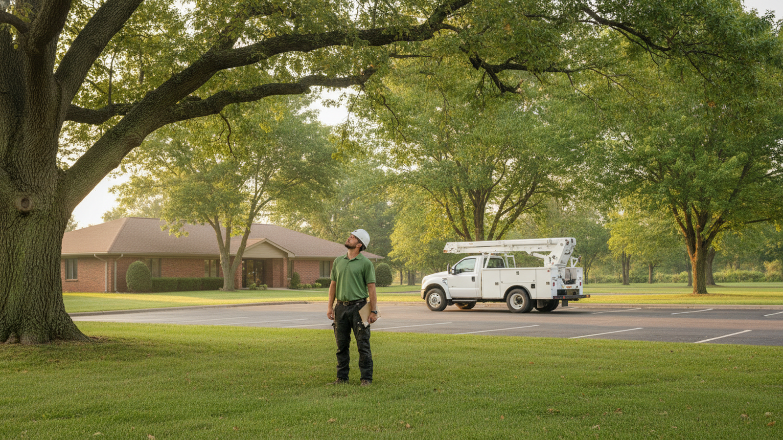 Tree crew member with a clipboard assessing a mature oak on a Topeka commercial property, bucket truck staged in the lot behind