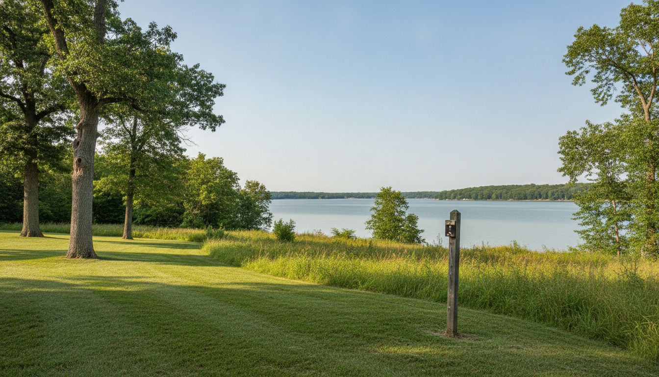 Mown lakefront lawn meeting an unmown band of native grass and timber above Perry Lake, with a weathered boundary survey post standing at the line