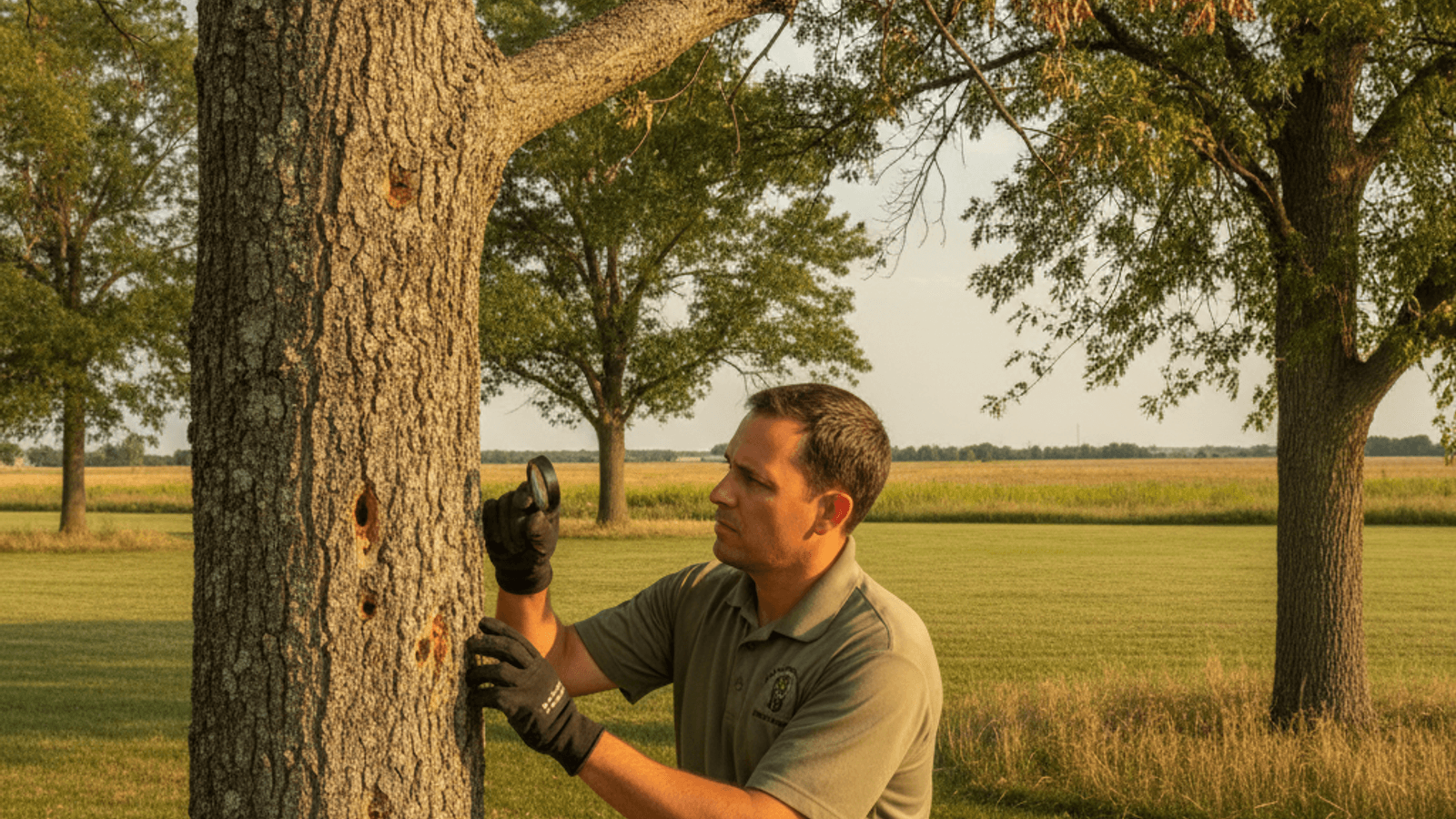 Ash tree canopy showing thinning branches typical of emerald ash borer damage