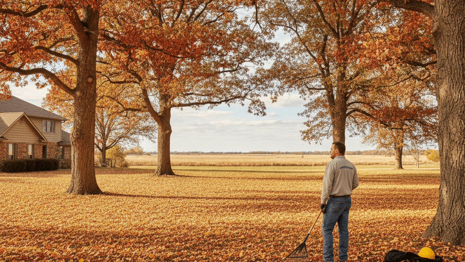 Scattered golden and reddish leaves blanketing a Topeka yard in October with mature oak trees overhead