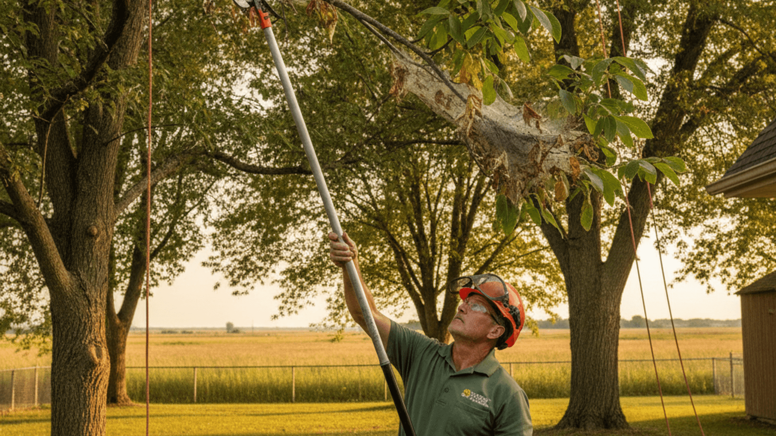 Arborist using a pole pruner to cut out a fall webworm nest at the end of a branch in a Topeka yard