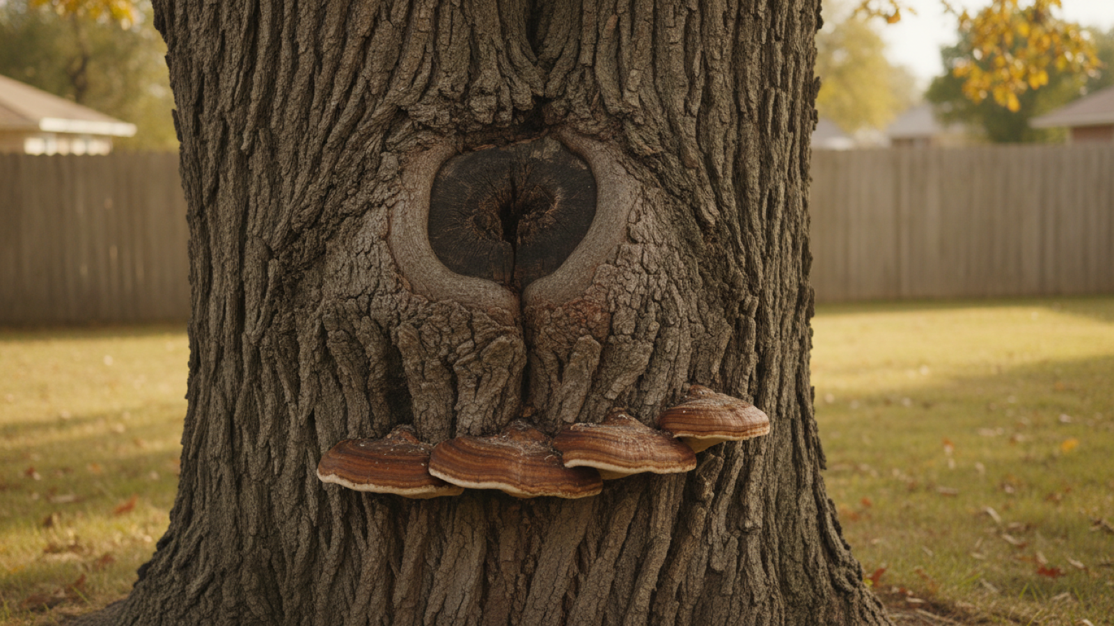 Brown shelf-shaped conks growing in a row from the lower trunk of a large shade tree in a Topeka yard
