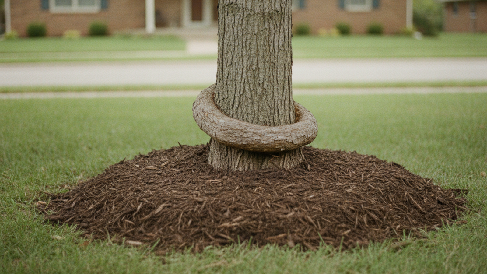 The base of a mature maple in a Topeka front yard with no visible root flare and a thick surface root pressed against the trunk