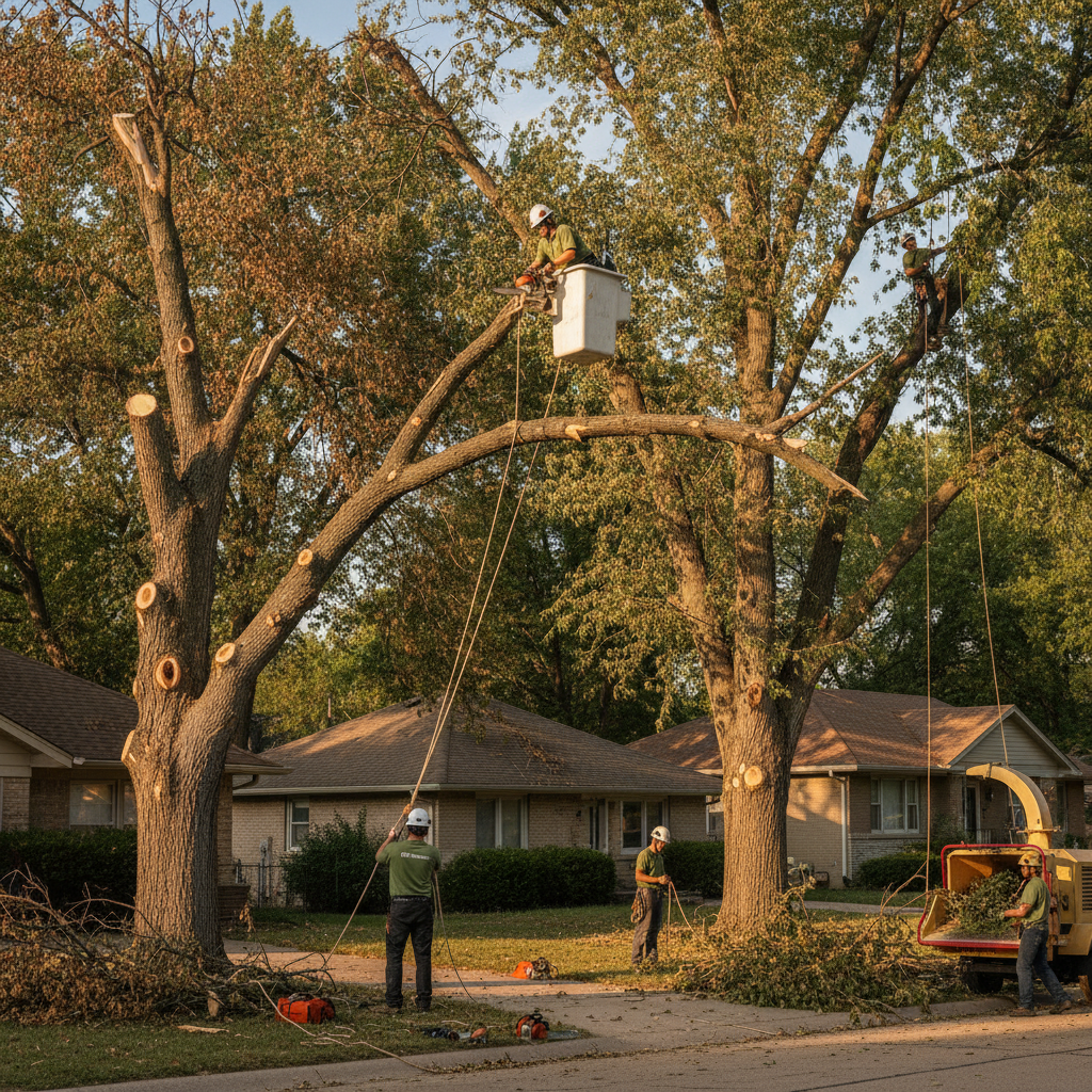 Shredded leaves and hail-pitted bark on a Greater Topeka yard tree after a spring storm