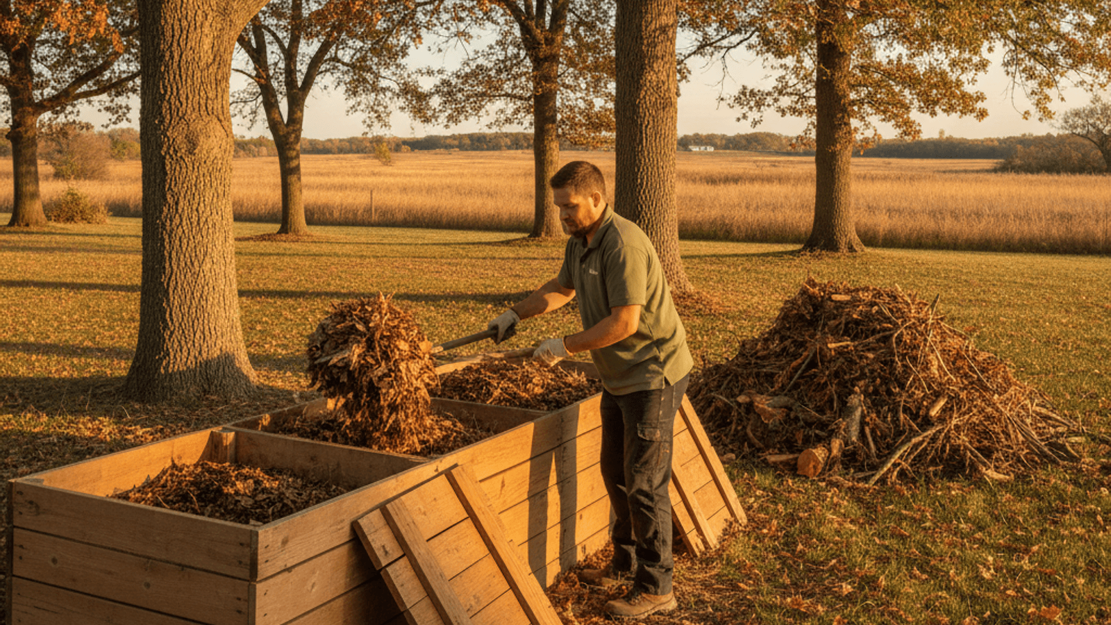 Homeowner adding wood chips and tree leaves to an open compost bin in a Topeka backyard
