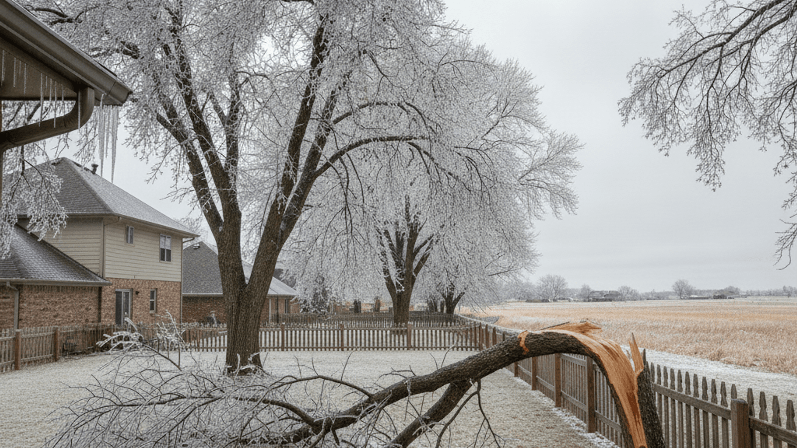 Tree limbs coated in ice sagging under weight after a Kansas winter storm