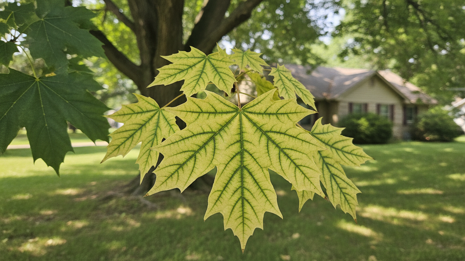 Maple leaves in a Topeka yard showing pale yellow tissue between dark green veins