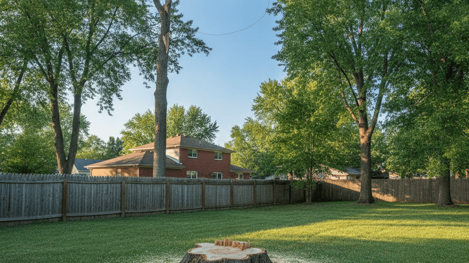Freshly cut stump of a mature shade tree in a Topeka back yard, with a wooden property line fence and the neighboring house beyond