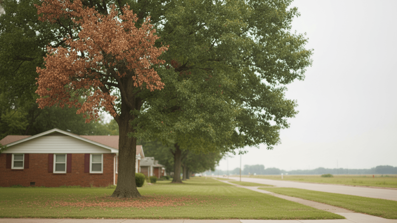 Mature oak in a Topeka yard with browning leaves in one upper section of the crown