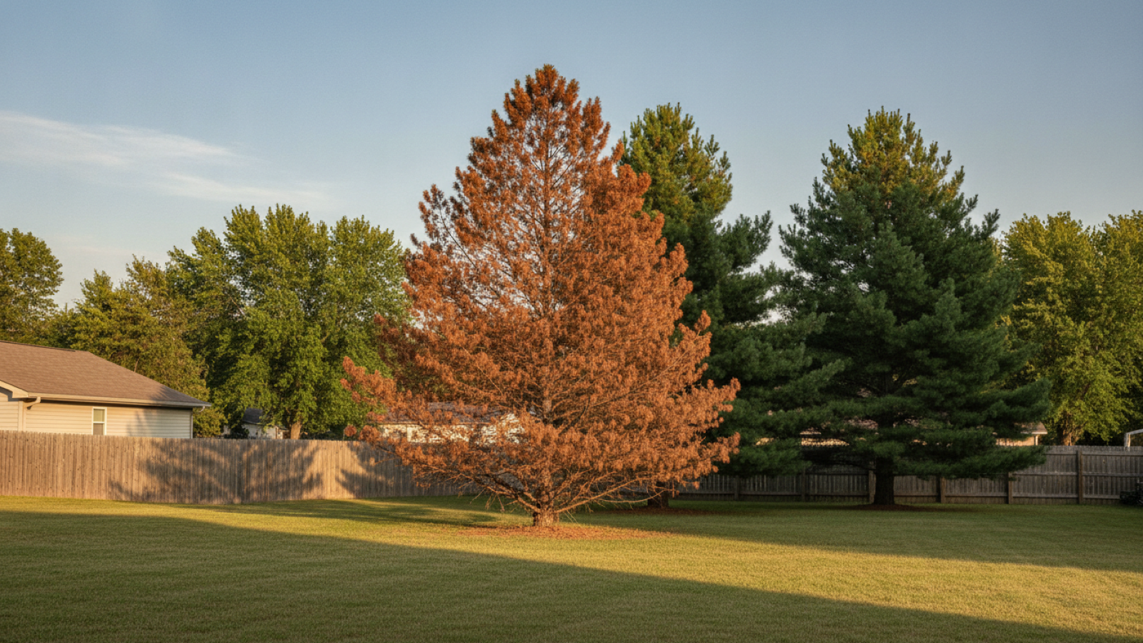 A Scots pine with brown, dead needles standing next to healthy green pines in a Topeka yard