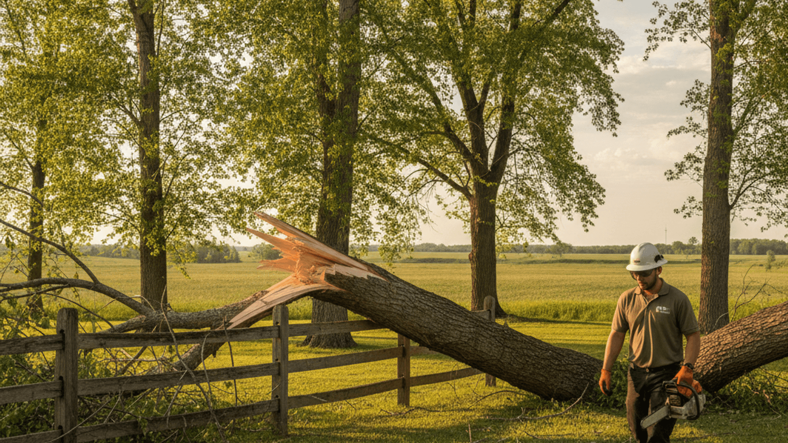 Large broken poplar limb resting across a wood fence after a Kansas storm