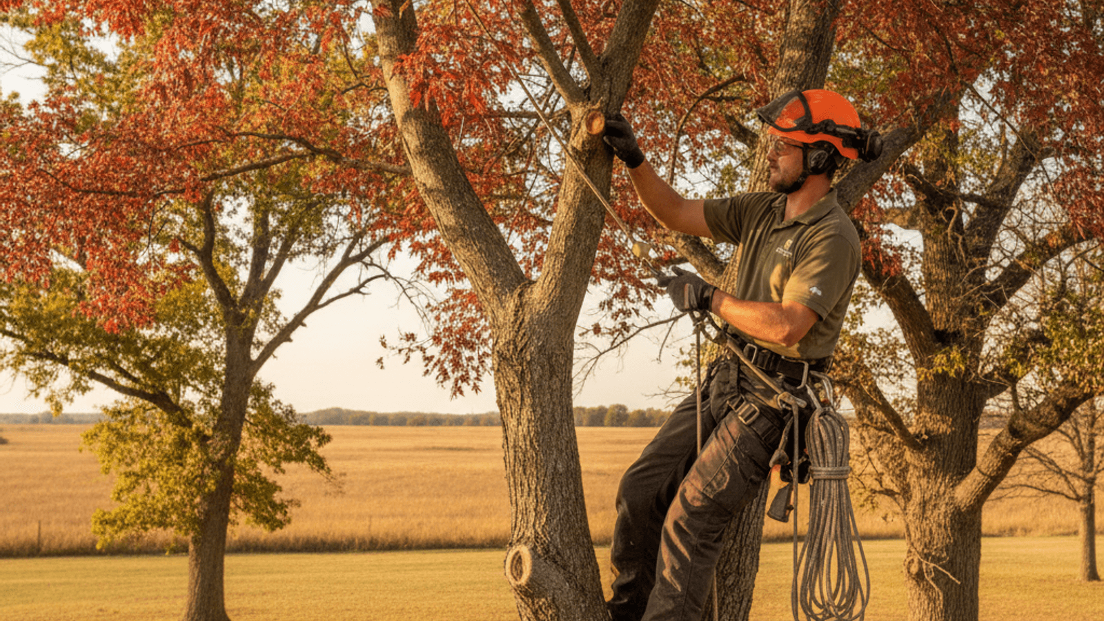 Arborist inspecting a narrow branch union on a red maple tree in a Topeka yard