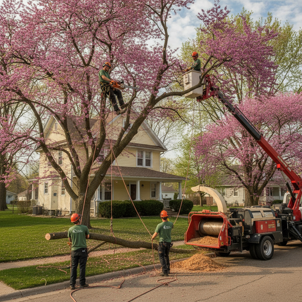 Eastern redbud in pink bloom on a Topeka residential lot in early spring