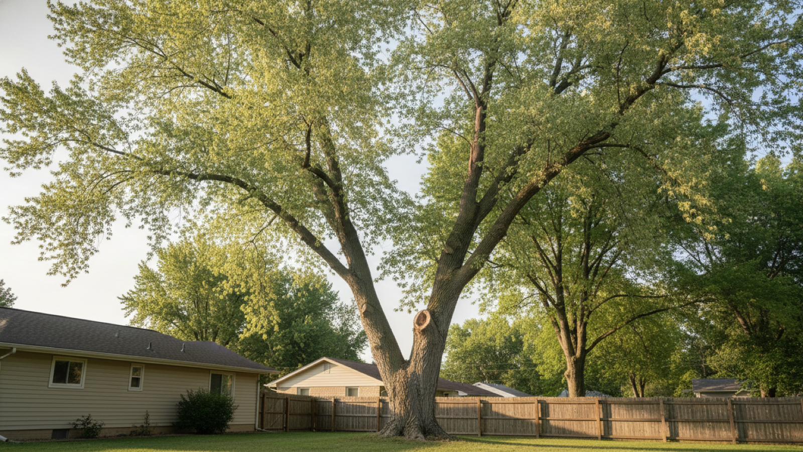 Mature silver maple with a divided trunk arching over a Topeka back yard on a clear late-summer morning