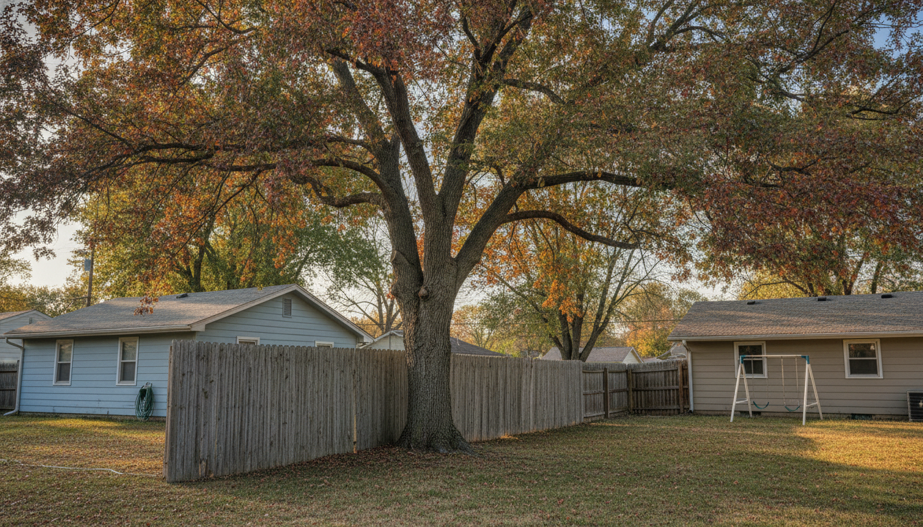 A mature shade tree standing beside a wooden fence between two Topeka back yards, its canopy spreading over both properties