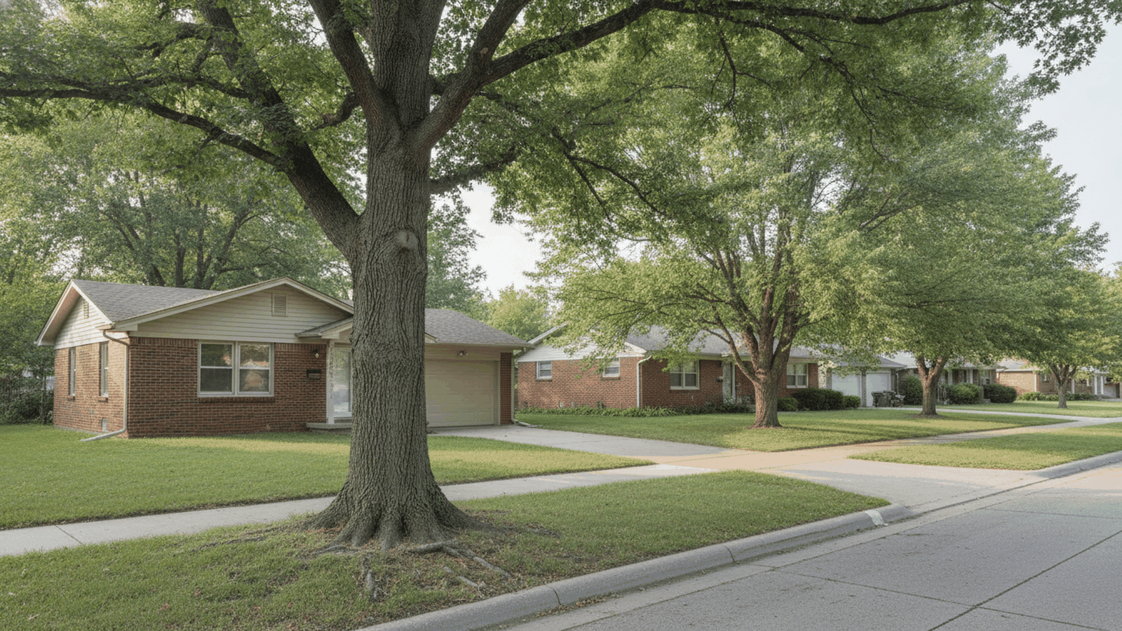 Street tree in the parkway strip between sidewalk and curb on a Topeka residential street