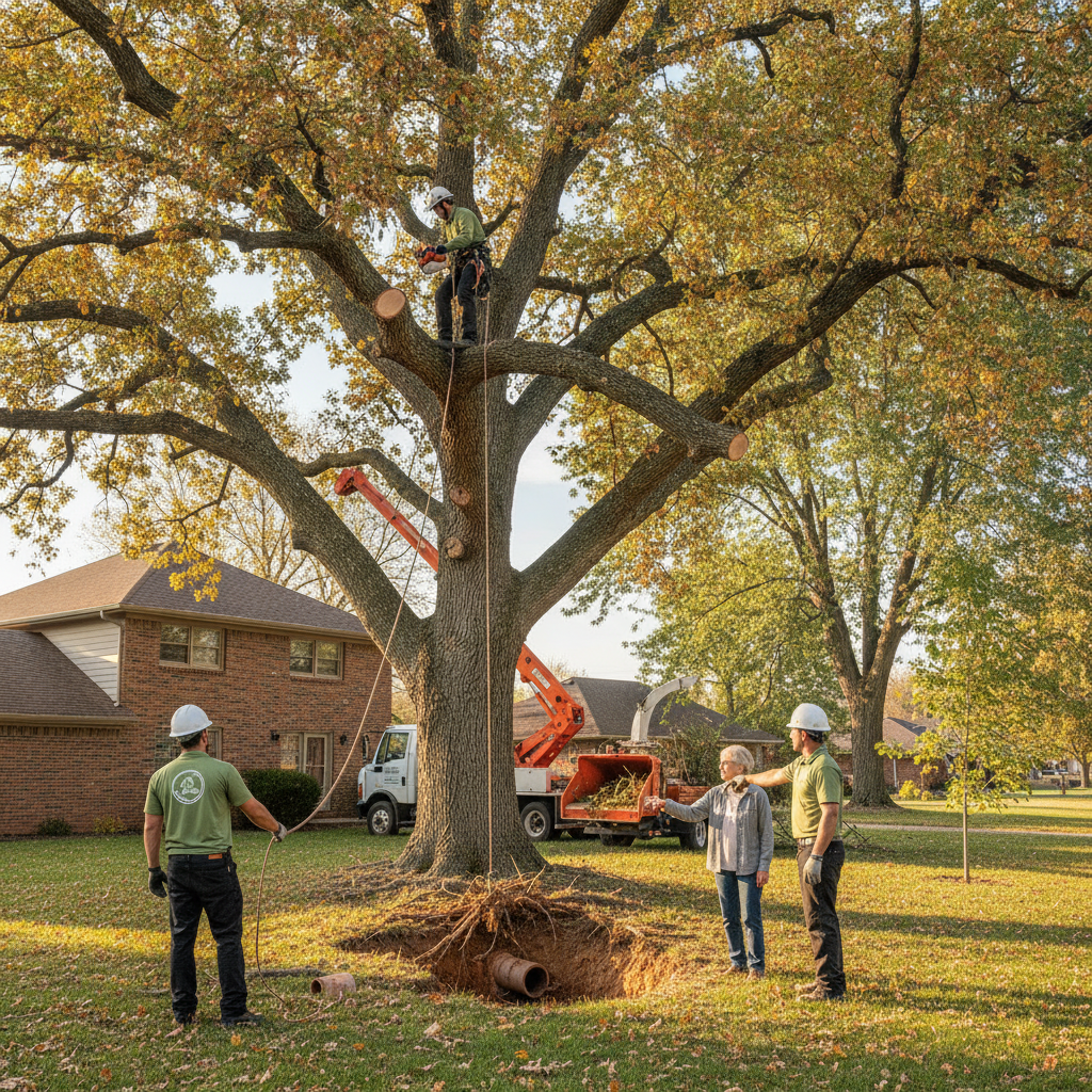 Mature silver maple in a Topeka front yard above a buried sewer lateral beside a house