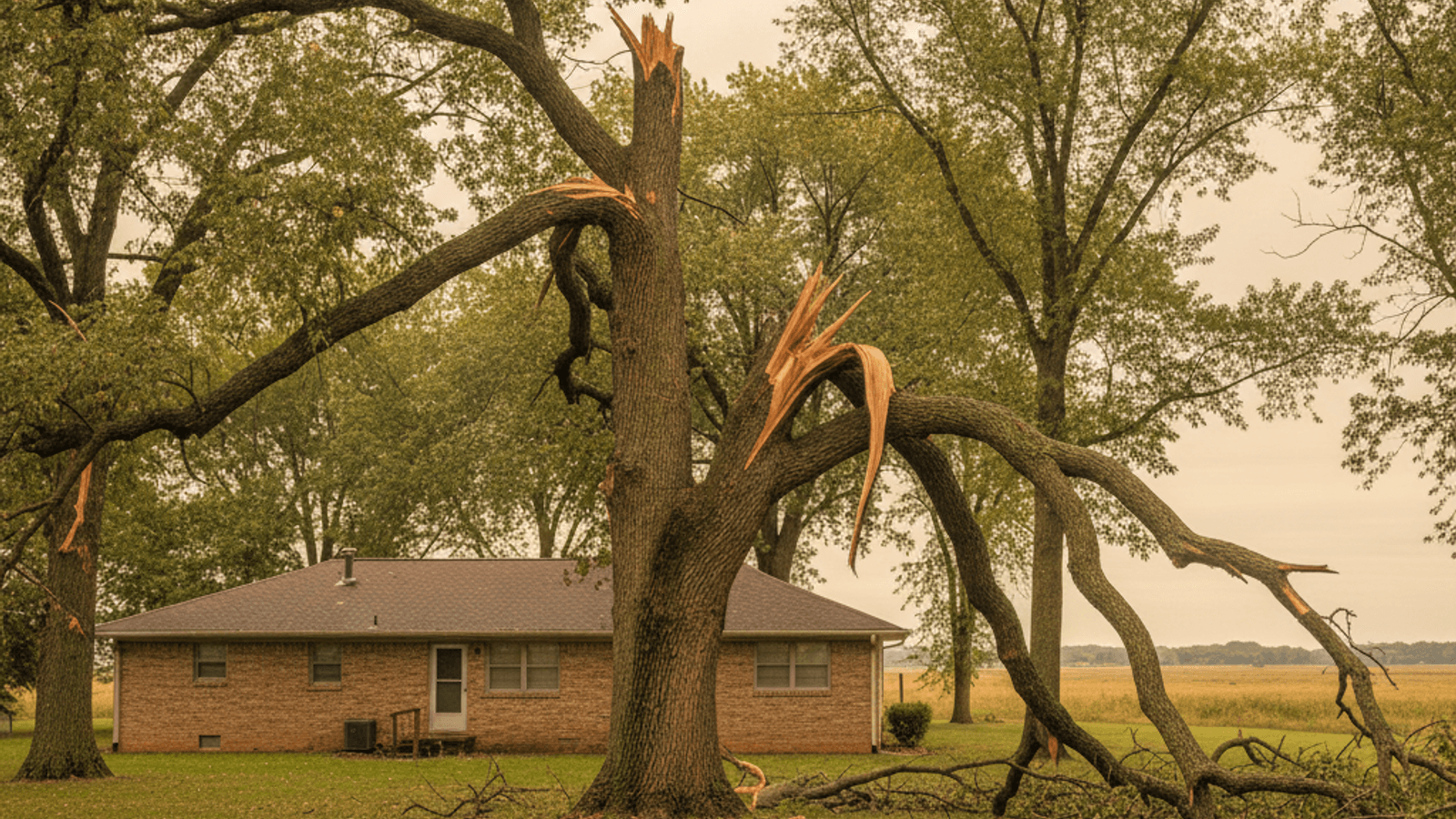 Mature Topeka shade tree with several broken limbs after a storm, stubs visible where large branches failed, brick ranch house in the background