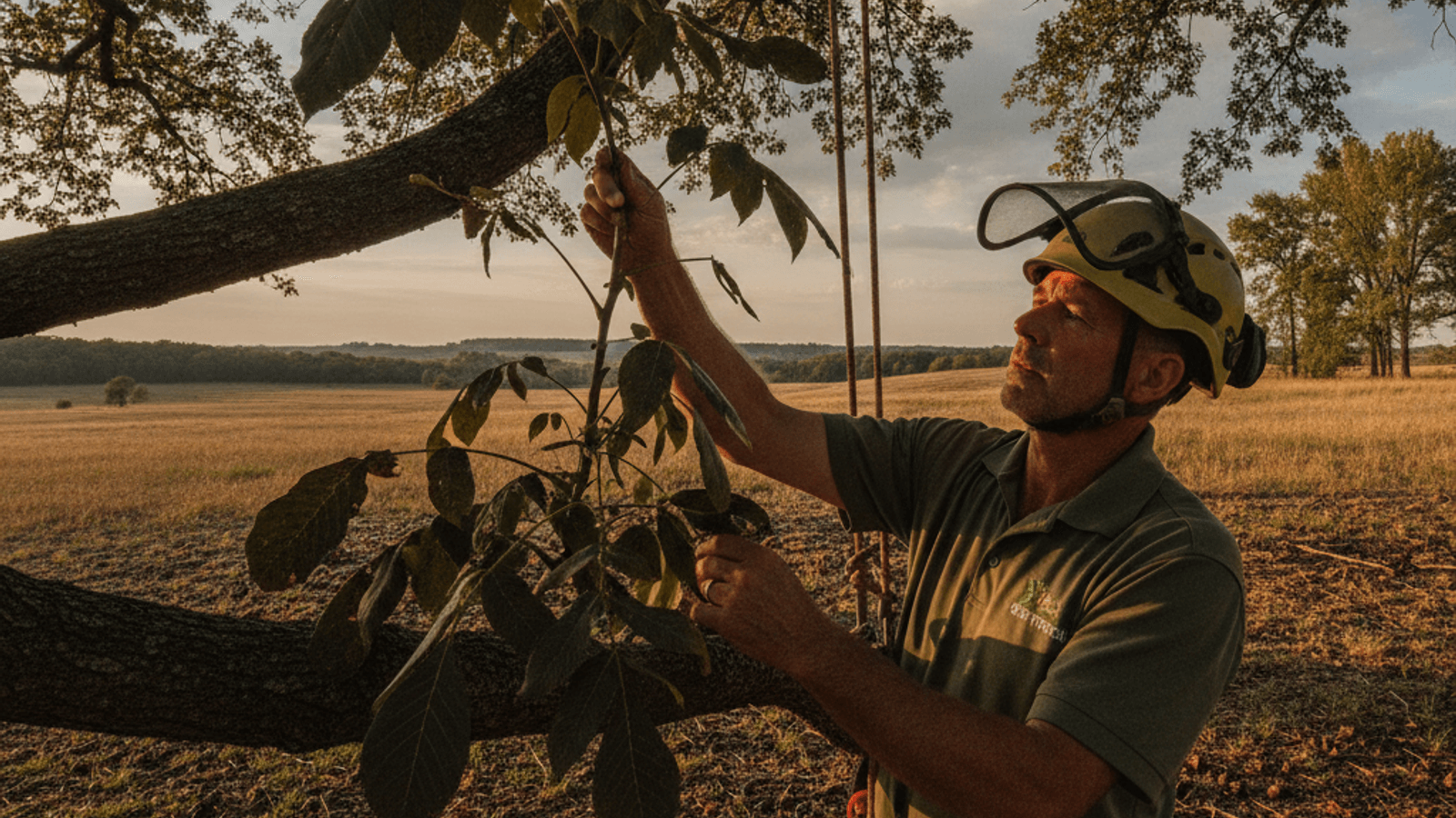 Arborist examining walnut tree branches with dark compound leaves in a Topeka yard