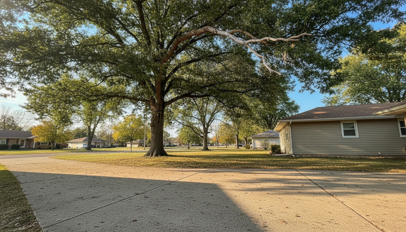 A mature shade tree in full green leaf on a Topeka front lawn in September, with one bare dead limb reaching out over the driveway and house