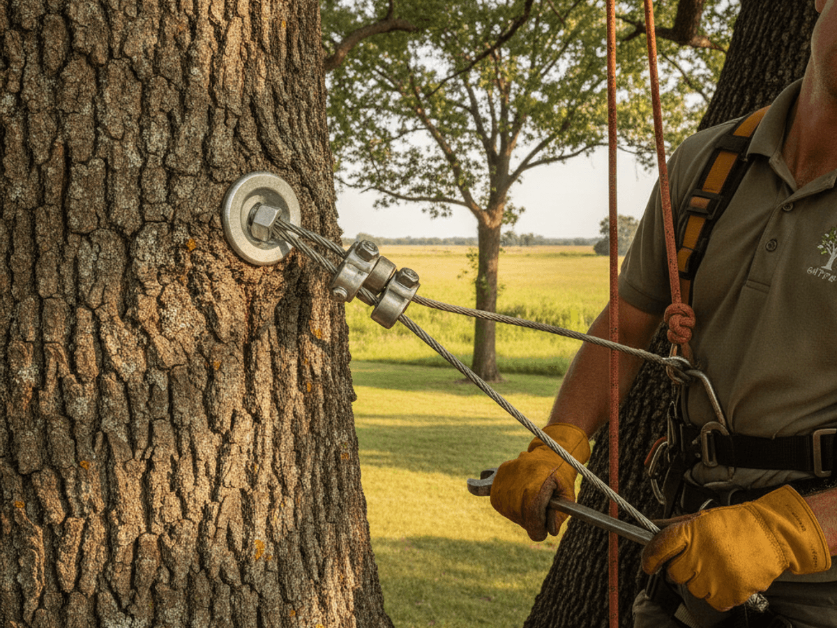 Arborist installing a support cable in a mature tree canopy